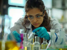 Estudiante personalizando su bata de laboratorio en el laboratorio
