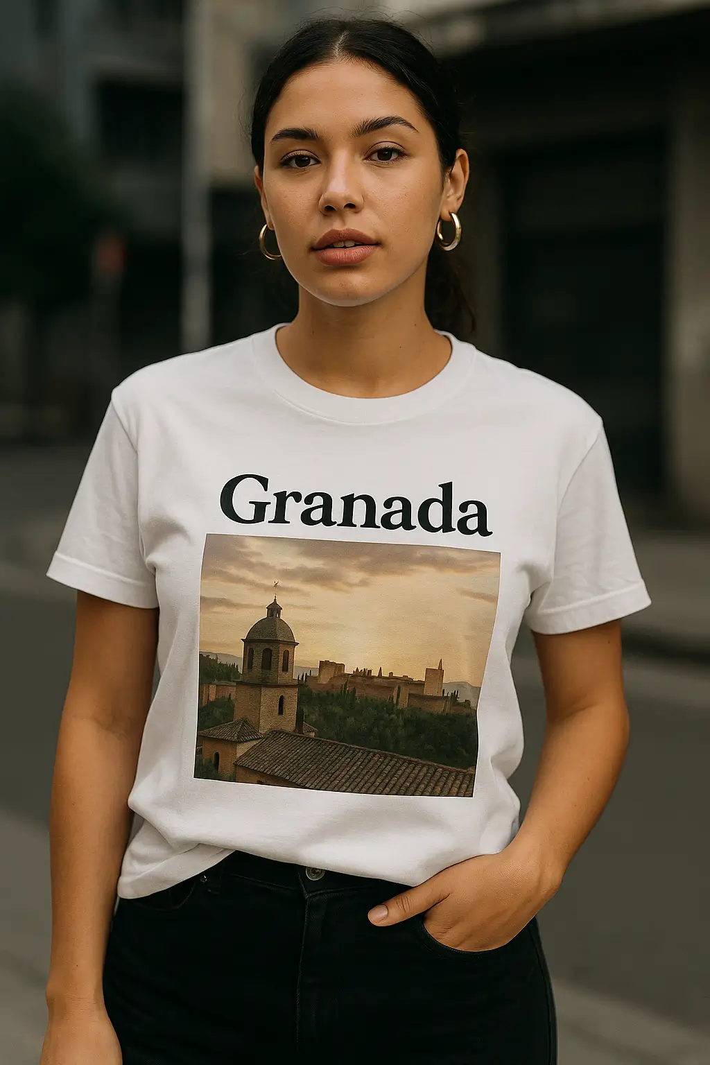 Camiseta blanca con impresión DTF de la Alhambra en estilo street fashion en Granada