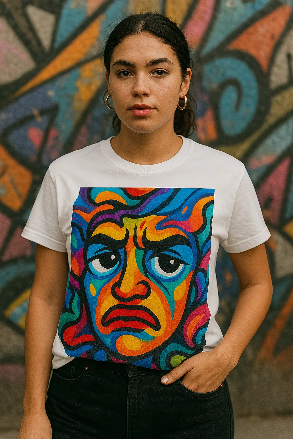 Camiseta blanca con impresión DTF de diseño grafiti colorido en estilo urbano