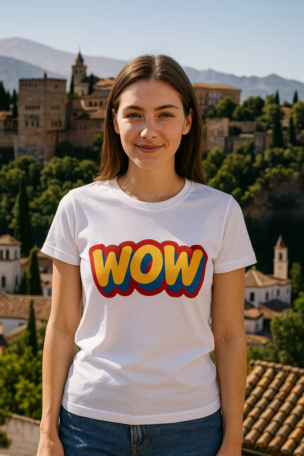 Camiseta personalizada con impresión DTF y diseño creativo en un paisaje emblemático de Granada
