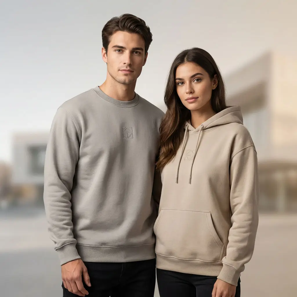 Sudaderas premium personalizadas con bordado minimalista en estilo universitario moderno