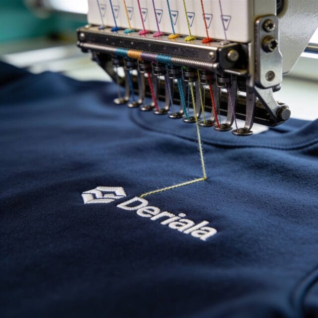 Bordadora industrial bordando logo corporativo en hilo sobre sudadera azul marino en Bordagran Granada