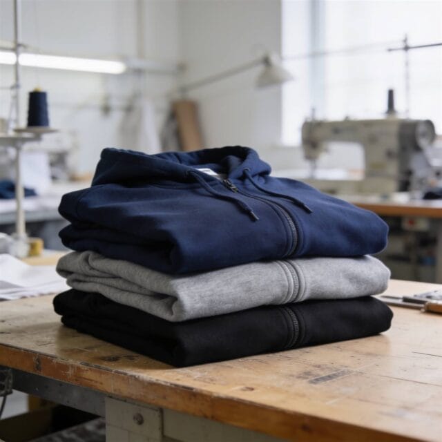 Pila de sudaderas personalizadas para empresa terminadas en el taller textil de Bordagran en Granada