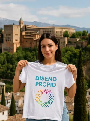 Joven con camiseta personalizada en Granada con impresión DTF, fondo de la Alhambra