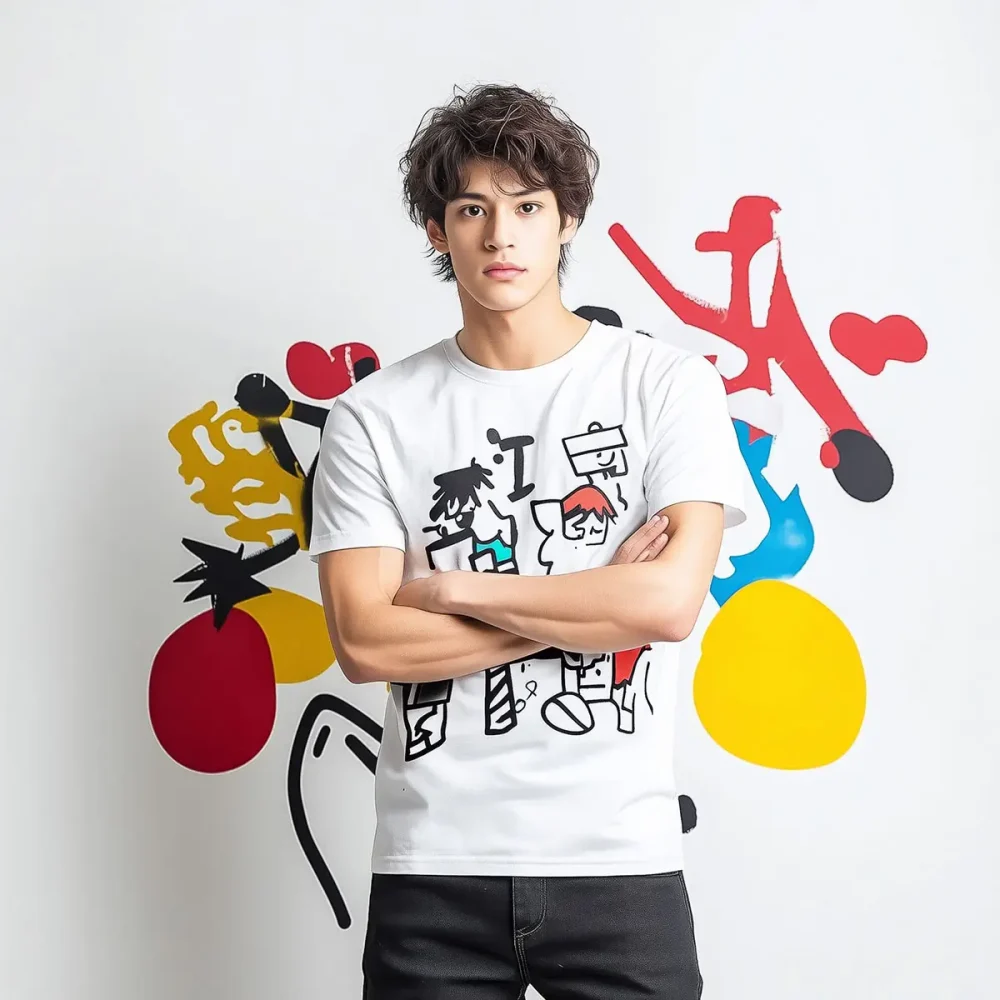 un joven en una camiseta blanca con un diseno abstracto se encuentra contra una pared blanca con coloridos scaled